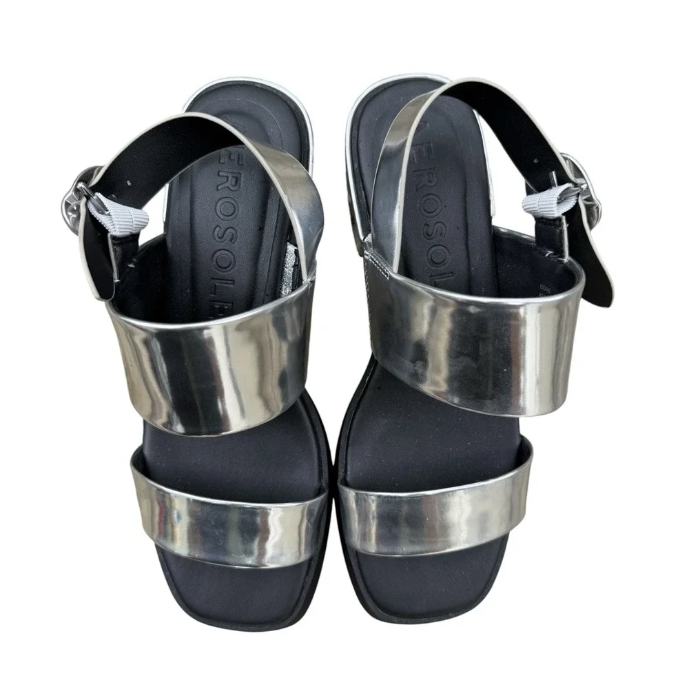 Aerosoles Dove Sandals 8.5M Silver Metallic Mirror Block Heel Buckle Comfort